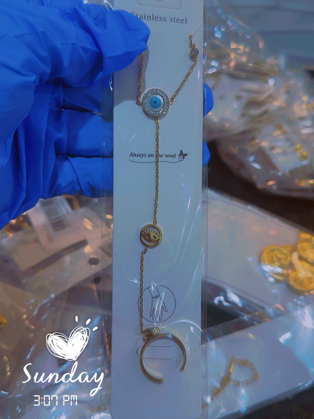 Gold-Tone Lariat bracelet with ringwith Blue Evil Eye and Crescent Pendant